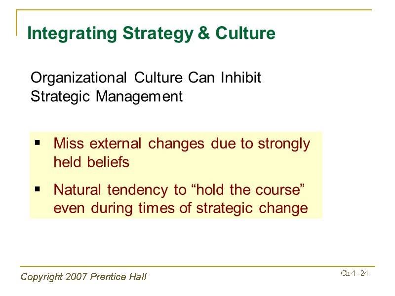Copyright 2007 Prentice Hall Ch 4 -24 Integrating Strategy & Culture Organizational Culture Can